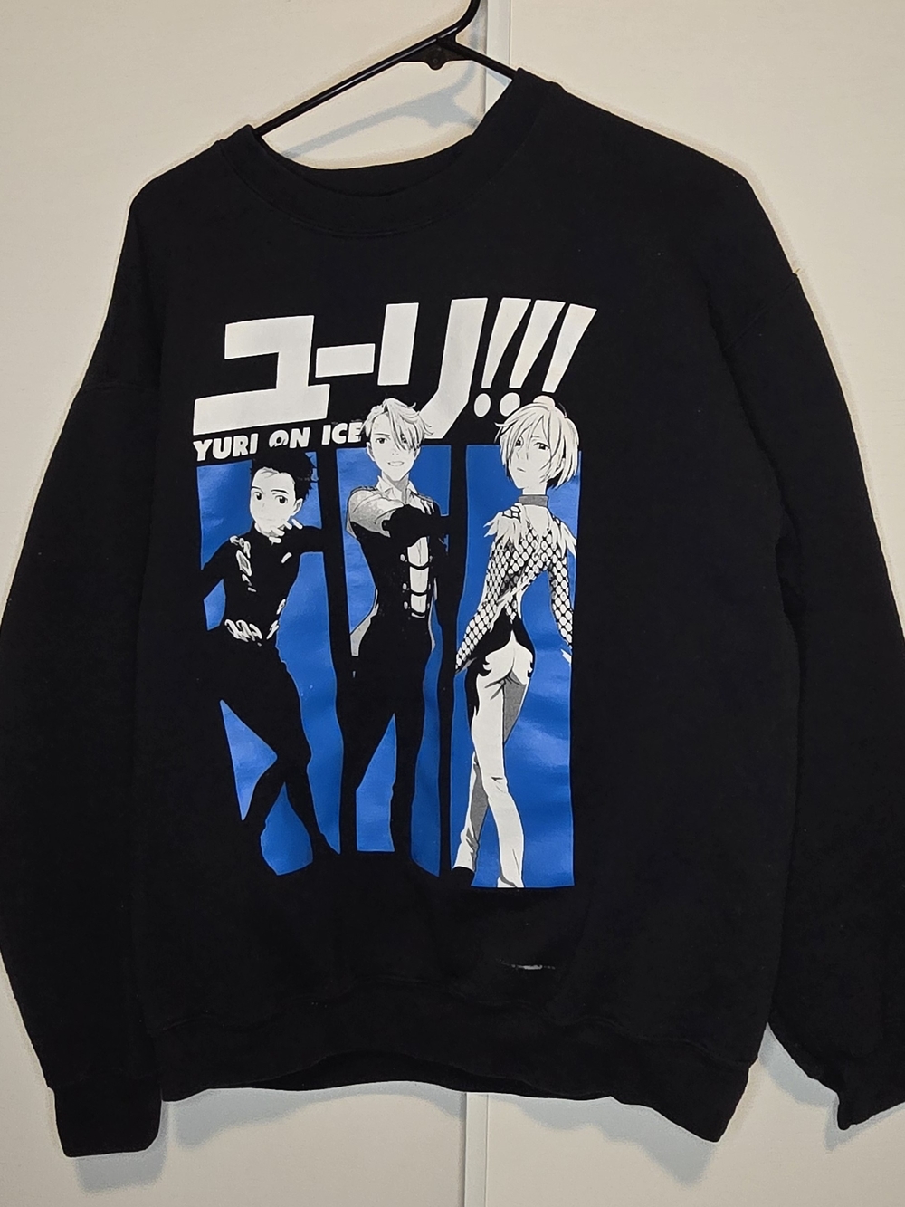 Black Graphic Crewneck Sweater with Blue Anime Panels
